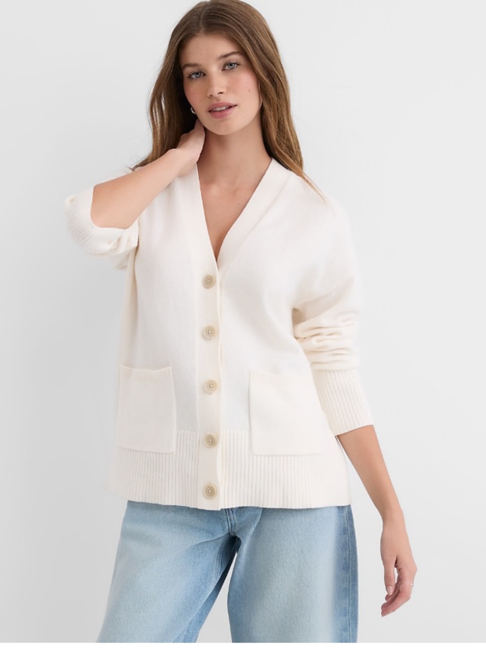 Ann Taylor LOFT Relaxed Cardigan Button-Up Knit Sweater Minimalist Cream XS